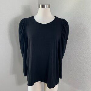 NEW Chicos Womens Large Black Touch Of Cool Romance Puff Sleeve Top Shirt
